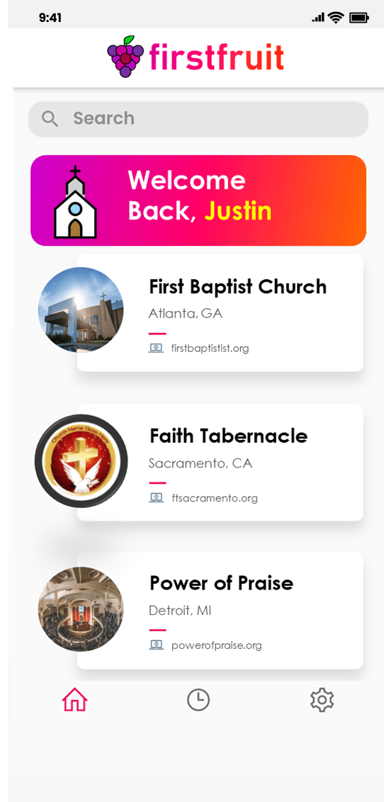 The FirstFruit app home screen showing a list of churches